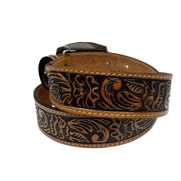 Tony Lama Kids Rodeo Champion Tooled Leather Western Belt USA Size 28 Top Grain - Picture 2 of 10